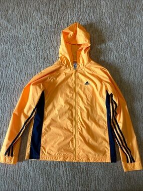 adidas Bright Yellow Hooded Windbreaker with Navy Stripes